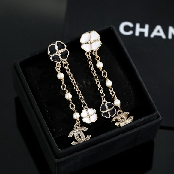 Chanel Long Chain Earrings 🌸 | Enamel Flowers & CC Logo - Picture 1 of 7